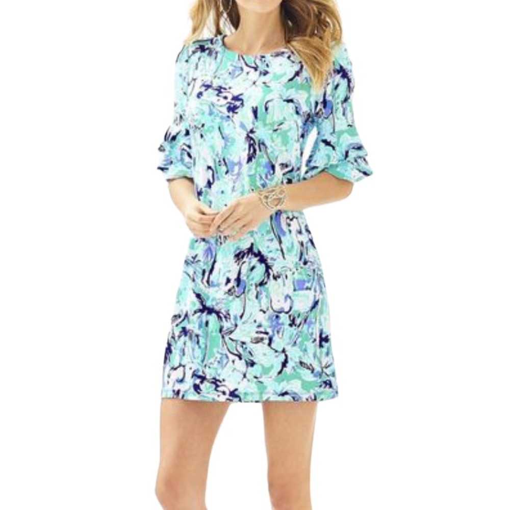 Lilly Pulitzer Lula Elephant Print Dress Ruffle Sleeves Round Neck EUC Size XS